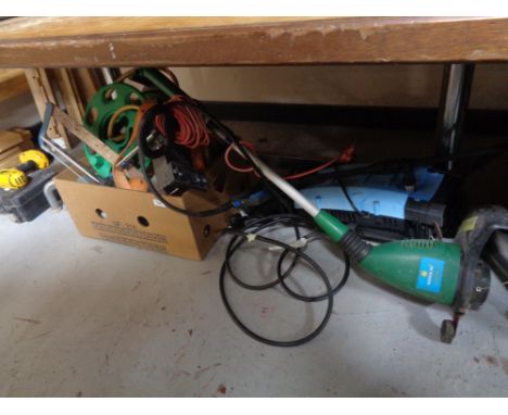 A quantity of tools - strimmer, power washer, hose on reel etc 