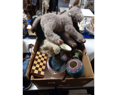 A box of old soft toys, donkey, cribbage board, antique china etc 