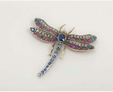 A fine sapphire, ruby and diamond brooch modelled as a dragonfly, length 4cm