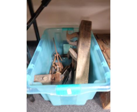 A box of wood working tools, large plane etc 