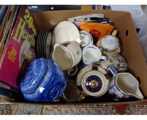 A Maling blue and white bridges caddy, ceramics, plates, tea ware ,etc 