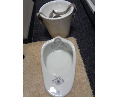 A ceramic slipper bed pan and pail 