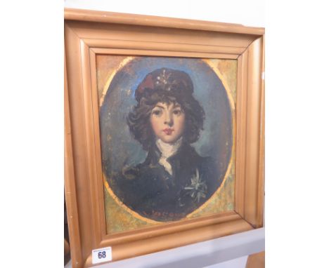 A 19th century oil on board portrait of a young man, possibly in a Persian Naval uniform, with indistinct title and hand writ
