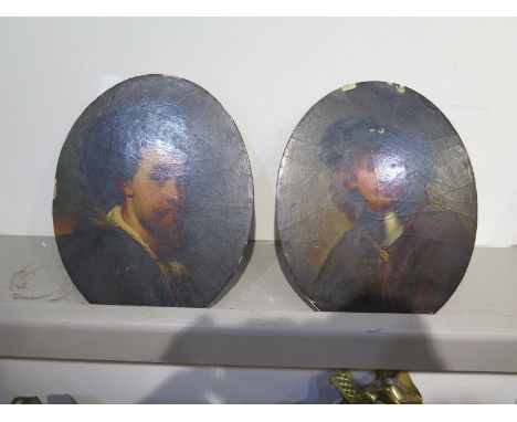 Two oval oil on board portraits, a Rembrandt style self portrait of a young man and a portrait of a 17th century gentleman, b