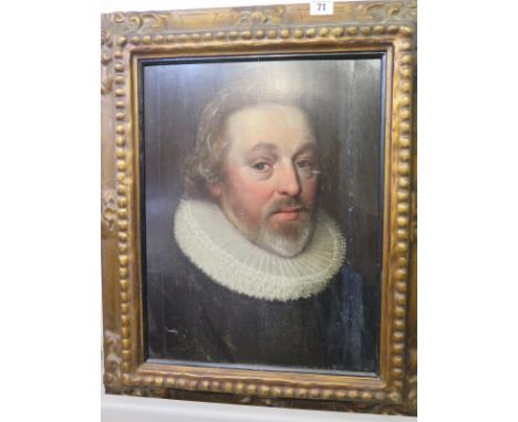 A 19th century oil on board portrait of a 17th century gentleman in a ruff, unsigned - approx 58.5cm x 48.5cm, with some surf
