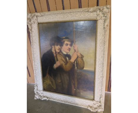 An impressive 19th century oil on canvas, portrait of two boys holding a fishing rod and net, unsigned, mounted in white foli