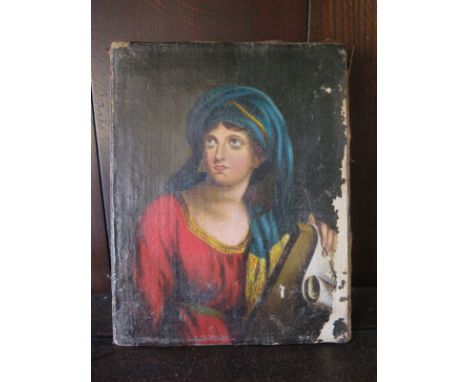 A 19th century style oil on canvas portrait possibly of Mary Magdalene, unsigned, approx 21.5cm x 17.5cm some loss of print 