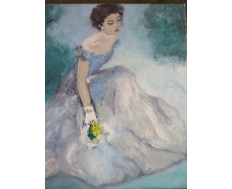 A mid 20th century portrait of a lady in a ball gown, possibly Princess Margaret, looking forlorn, unsigned, approx 61cm x 51