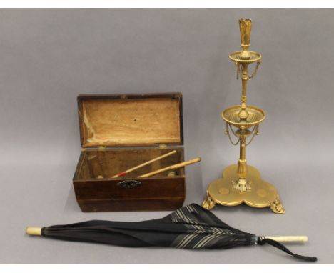 A tea caddy, a parasol and a centre piece. The latter 46 cm high.