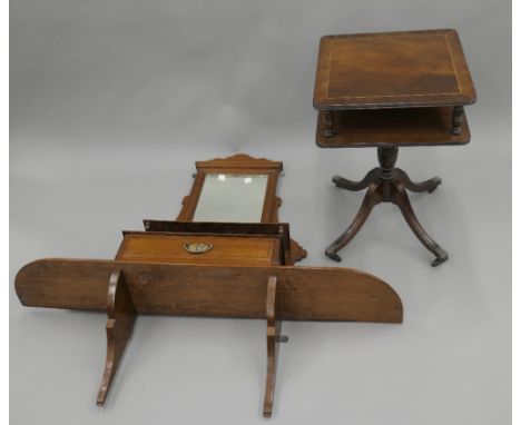 A Victorian walnut mirrored shelf and a modern side table. The former 114 cm wide.