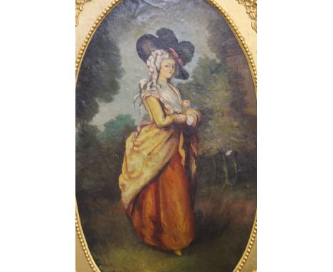 Oil on board, a full length Portrait of a Lady, framed; together with a gilt framed wall glass. The former 46.5 x 68.5 cm ove