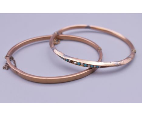 Two 9 ct gold bangle form bracelets, one set with turquoise and seed pearls. 10.6 grammes total weight. 