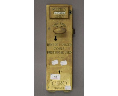 A vintage brass Cero patent toilet door lock. 35 cm high.