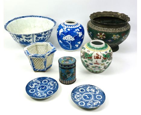 A collection of eight Oriental items: a large bowl with a four character mark to the underside, 25.5cms diameter x 11cms high