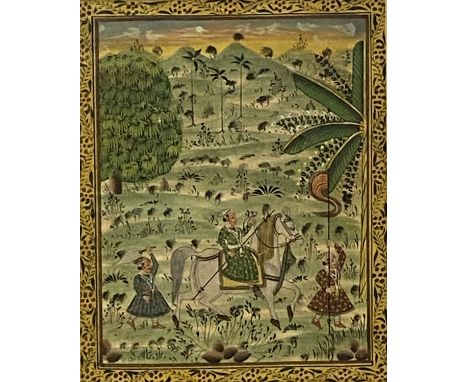 Two colourful framed and glazed paintings on silk of Indian hunting scenes, 26 x 20cm; together with two others. Estimate: £2