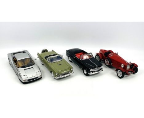 A collection of four large metal 1-18 scale model cars: a 1934 Alfa Romeo 2300 Monza by Bburago; together with a 1957 Peugeot