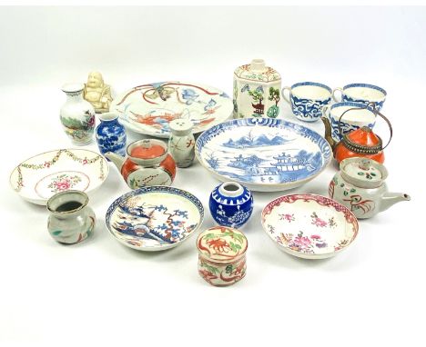 A mixed collection of various Chinese and Oriental items to include cups, small vases, bowls and a tea caddy. Estimate £20-30