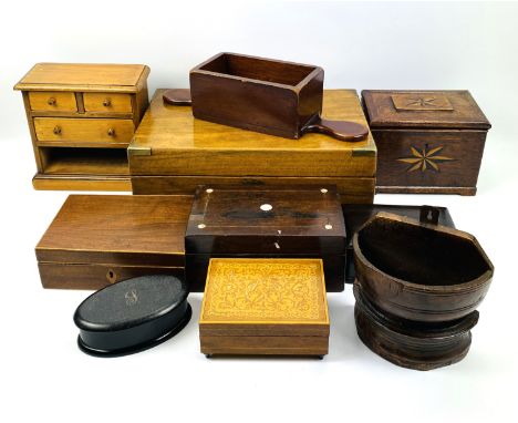A collection of ten various 19th century boxes and woodenware items, 35cms wide x 23cms deep x 14cms high. Estimate £30-50.