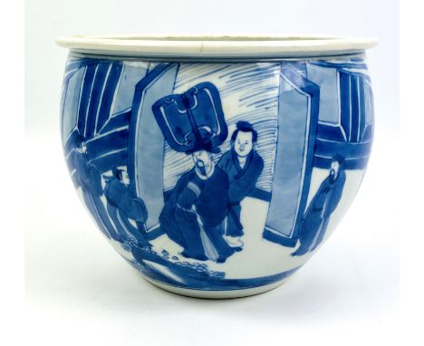A Chinese porcelain blue and white planter with well painted figural decoration throughout, as found, 21.5cms wide x 17cms hi