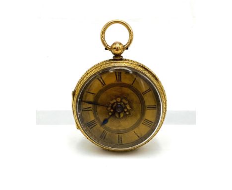 18ct gold pocket watch with foliate engraved back and engine turned face, 44.9g. Estimate: £350-400