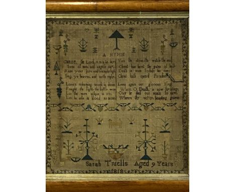 Framed and glazed 19th century sampler dated 1818 by Sarah Truells, aged 9 years, in birds eye maple frame, 35 x 32cm. Estima