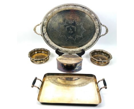 Two handled silver plate tray with repousse decoration to the rim and engraved crest to centre, 50cms wide; together with a s