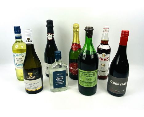 Eight various bottles of alcohol: Vodka, Pimms, Sauvignon Blanc, Chaumet, Atkins Farm Shiraz, Prosecco, Pinot Grigio and Liqu
