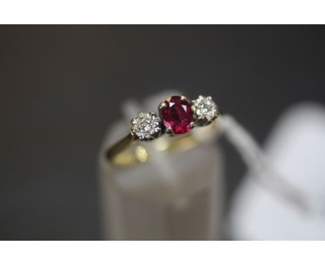 18ct Gold Ruby &amp; Diamond 3 Stone ring