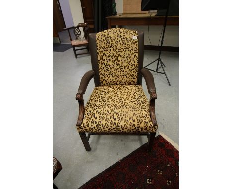 Mahogany open armchair of Georgian design, upholstered in Ted Baker leopard print fabric