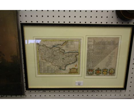 Robert Morden - coloured engraving, Map of Kent, together with a road plan, framed as one