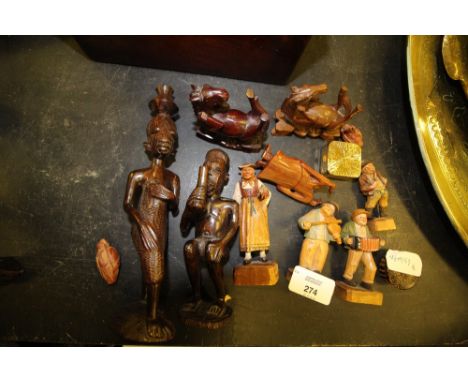 Tunbridge ware patch box and quantity of wooden figures