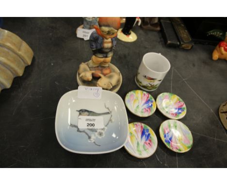 Goebel figure, mug, Royal Copenhagen dish and 4 Crow Staffordshire hand painted plates