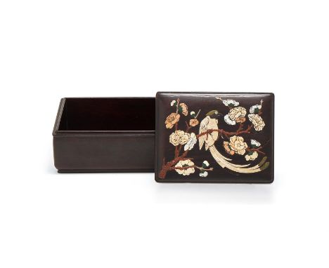 Y  A Chinese inlaid zitan box and cover, 17th or 18th century, of rectangular form with a domed cover and a slightly recessed