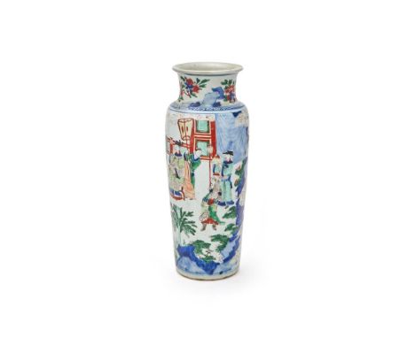 A Chinese wucai 'Birthday celebration' sleeve vase, Transitional period, the cylindrical body rising from a flat base to a sh