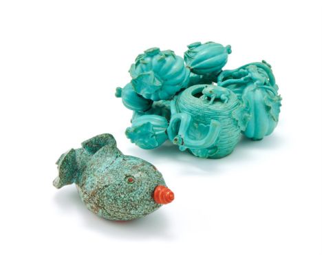 Y A Chinese turquoise 'robins egg' stone fish snuff bottle and cover, 7.6cm long including the coral stopper; and a Chinese t