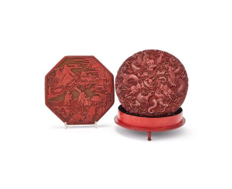 Y A Chinese cinnabar lacquer 'Dragon' circular cover, Qianlong six-character mark and of the period, of cylindrical form, the