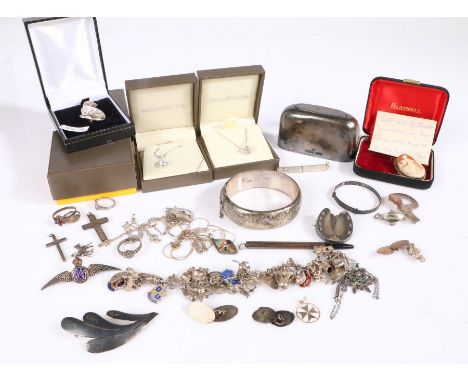 Silver jewellery, to include RAF wings brooch, necklaces, charm bracelet, christening bangle, hip flask tot cup etc. (qty)