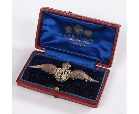 Silver RAF Cap Badge, weight 7.3 grams housed within a J. W. Benson Ltd leather clad jewellery box