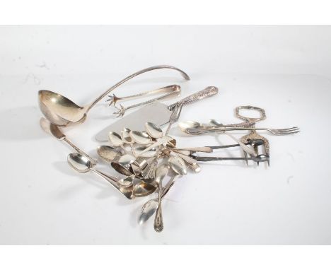 Silver and plated ware, various dates and makers, to include coffee and teaspoons, sugar tongs, spoon and pusher, silver hand