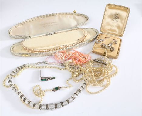 Costume jewellery to include Art deco style paste set clasp, three strand pearl necklace with silver paste set clasp, bead ne