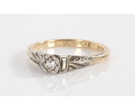 9 carat gold ring, with a single platinum set diamond, ring size K1/2, 2g