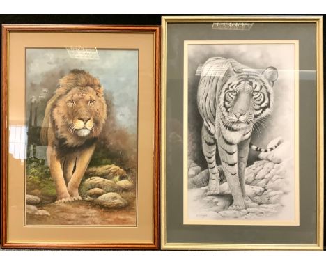 Peter Sturgess (1932-2015) King of the Beasts, signed, dated 6-2-05, oil, 47cm x 29cm;  another Tiger Stroll, signed, pencil 