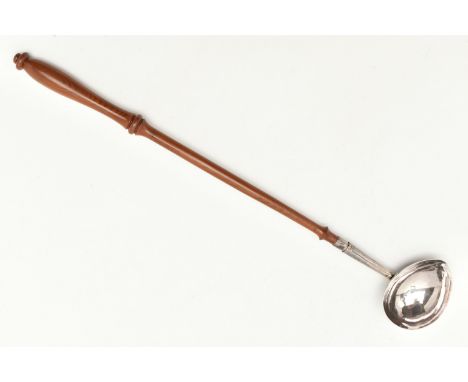 A GEORGE II SILVER TODDY LADLE, polished silver bowl, hallmarked London 1741, rubbed makers mark, engraved initials to the re