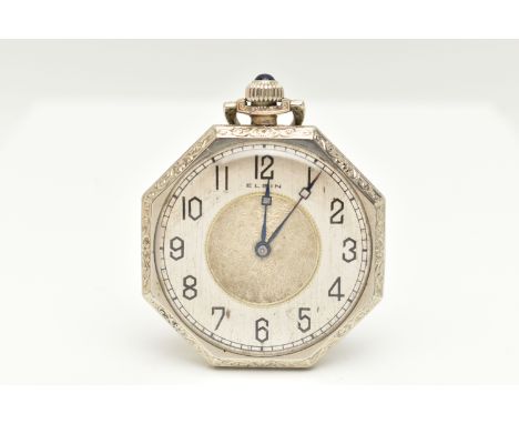 AN OPEN FACE ELGIN POCKET WATCH, octagonal outline with black Arabic numerals, engine turned and black enamel decoration to t