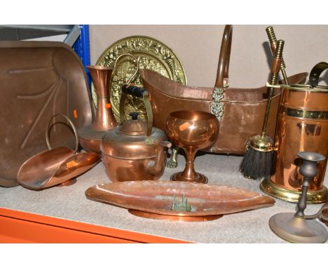 A GROUP OF THIRTEEN COPPER AND BRASS MISCELLANEOUS ITEMS to include four brass footed planters to include one with figurative