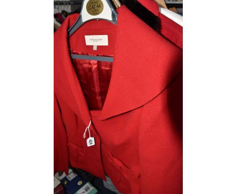 FIVE PIECES OF LADIES' CLOTHING, comprising a red Karen Millen cropped jacket size 10, a short red jacket with a black faux f