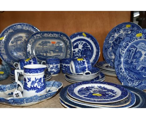 A GROUP OF BLUE AND WHITE WILLOW PATTERN TABLEWARE AND SIMILAR, comprising a C.W.S Windsor China part tea set of four cups, s