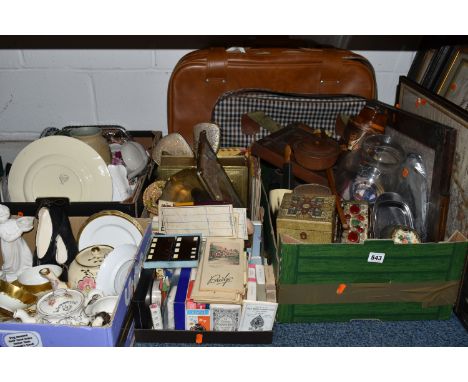 FIVE BOXES AND LOOSE MISCELLANEOUS ITEMS to include a tray of card games and packs of cards, an assortment of wooden trinket 
