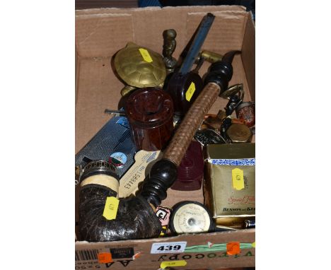 ONE BOX OF VINTAGE SMOKING RELATED ITEMS, to include antique pipe with meerschaum bowl, long with mouth piece, adult playing 