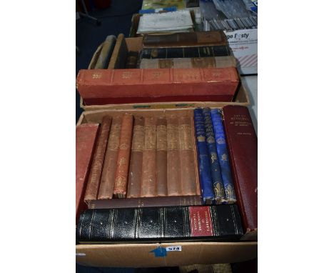 TWO BOXES OF BOOKS containing twenty-eight antiquarian titles in hardback, some leather bound format dating from the 19th - e